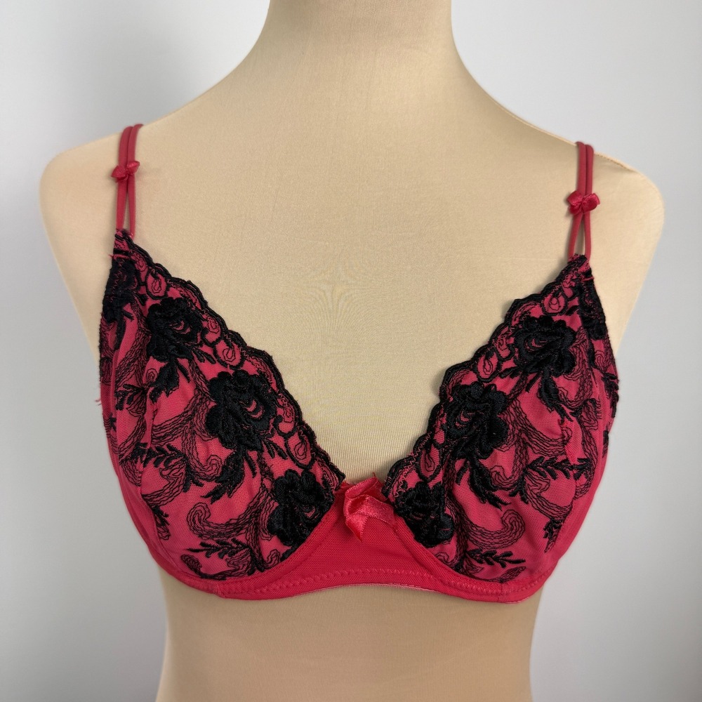 Intimage by Wacoal Floral Lace Mesh Unlined Underwire Bra 36B Red Black Coquette